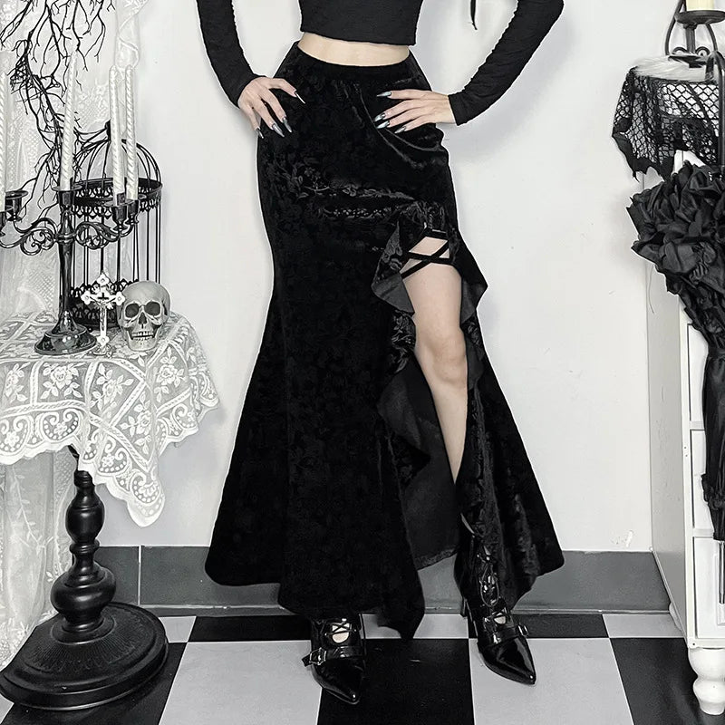 Goth Dark Elegant Fashion Flocking Long Skirt Women Mall Gothic Irregular Split Hem Ruffles Skirts Autumn Bottoms Alt Clothing voguable