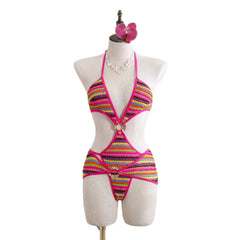 Voguable Ribbed Stripe One Piece Bathing Suit Textured Fabric Halter String Bikini Two Metal Ring Hollow Out Cross High Leg Swimsuit voguable