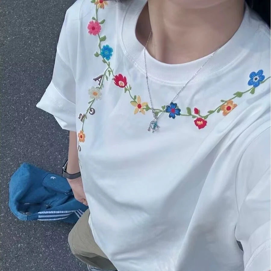 100% Cotton White Embroidered Flowers Short Sleeve for Women Casual Men O-Neck Streetwear Tees oversize Pullover Unisex T-Shirts voguable