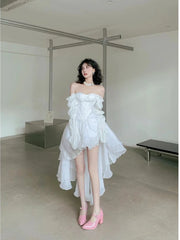 Voguable White Fairy Dress Women Elegant Evening Party Dresses Long Sleeve Mesh Patchwork Vintage Spring Fashion voguable