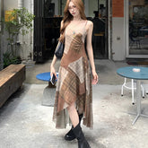 Voguable Retro Plaid Women Long Dress Irregular Patchwork Sleeveless Slim Camisole Vintage Knit Dress Summer V Neck Chic Female Dress New voguable
