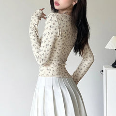 Voguable French Style Floral Print Knitted Tops Beige Color Lace Stitching V-neck Milkmaid T-shirt Autumn Cute Coquette Tees Y2K voguable