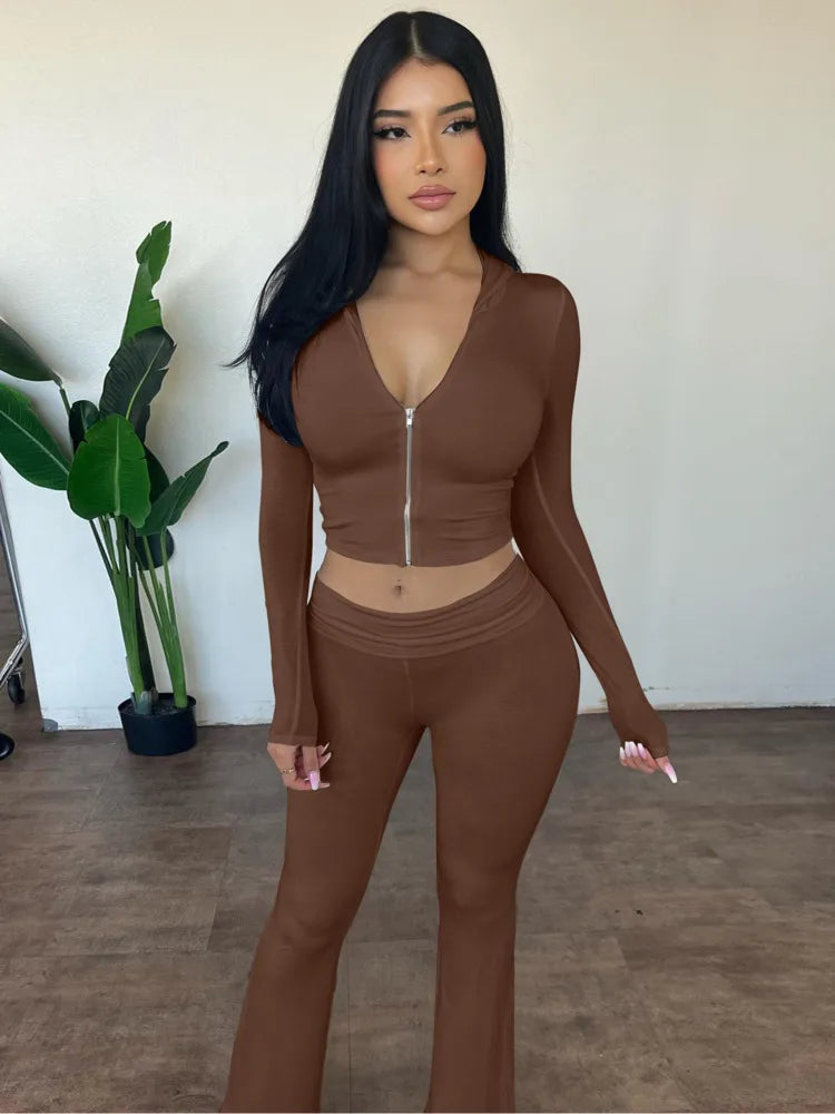 Mozision Hooded Top And Trousers Two Piece Sets Women Fashion Zipper Long Sleeve Tops And Flare Pant Female Casual Suit New voguable