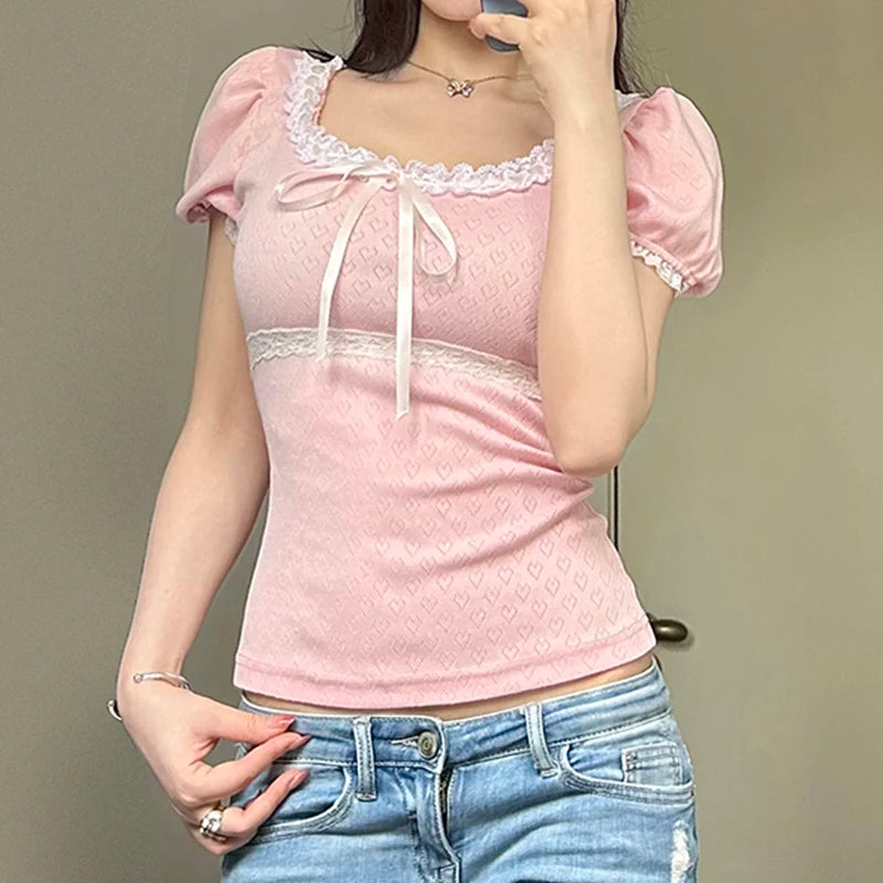 Voguable Coquette Aesthetic Jacquard Heart-shape T-shirt Women's Summer Y2K Japanese Kawaii Contrast Lace Stitching Bow Tops New voguable
