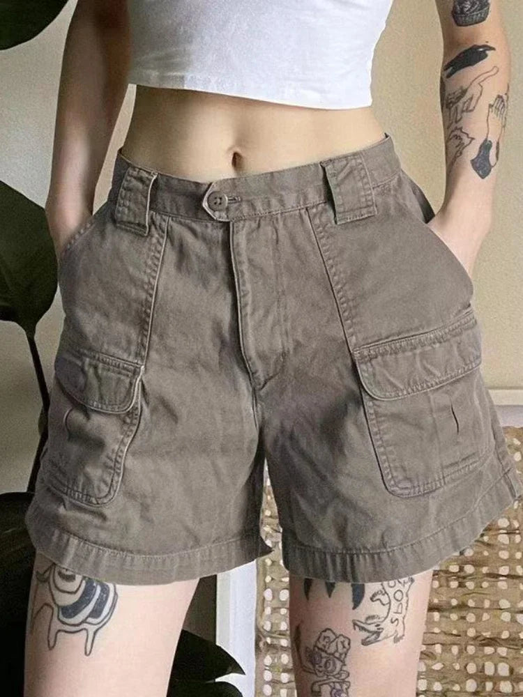 Y2k Vintage Streetwear Cargo Denim Shorts Women American Retro Harajuku Solid Loose Jeans Casual Pocket 2024 Summer Chic voguable