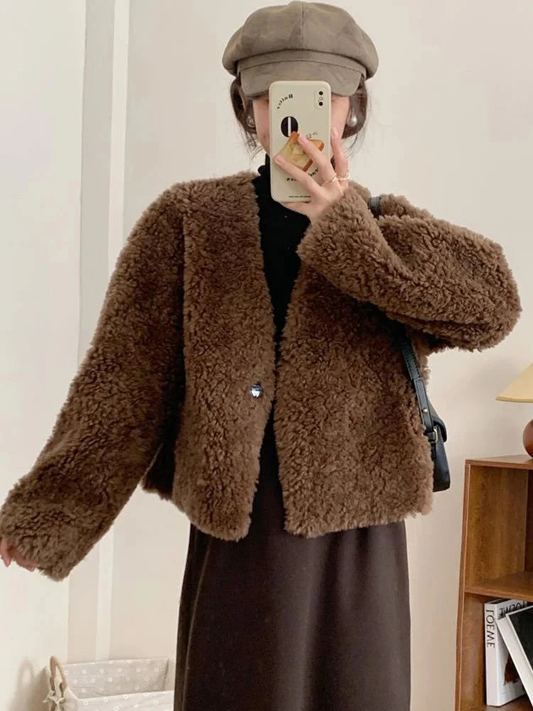 Winter Vintage Women Faux Lamb Coat Warm Soft Long Sleeve V Neck Sweet Jacket Retro Simple Solid Korean Female Preppy Style Tops voguable