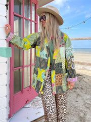 Fashion Patchwork Printed Coat Women Lace-up Autumn Thick Jacket Long Sleeve Female Vintage V-Neck Ladies Warm Streetwear voguable