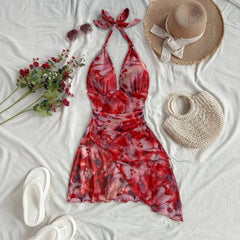 Dresses Summer Fitting Slim Vacation Floral Asymmetrical Plunge Neck Halter Neck Mini Beach Style Dresses For Women voguable