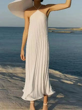 Voguable Sexy Hot Girl Off Shoulder Halter Beach Dress Summer New Solid Color Pleat Vacation Vestido Dress Elegant Hollow Out Women Dress voguable