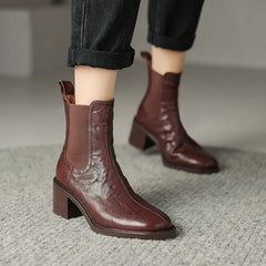 New Autumn Winter Basic Women Ankle Boots Office Lady Casual Genuine Leather Round Toe Thick Heels Elastic Band Shoes Woman voguable