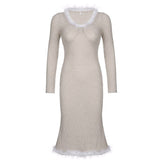 Fur Trim Knitted Slim Casual Long Dress mysite