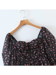 Fashion Women Vintage Floral Print Chiffon Dress Sexy Semi-Sheer Long Sleeve Layered Ruffle Ladies Short Dress