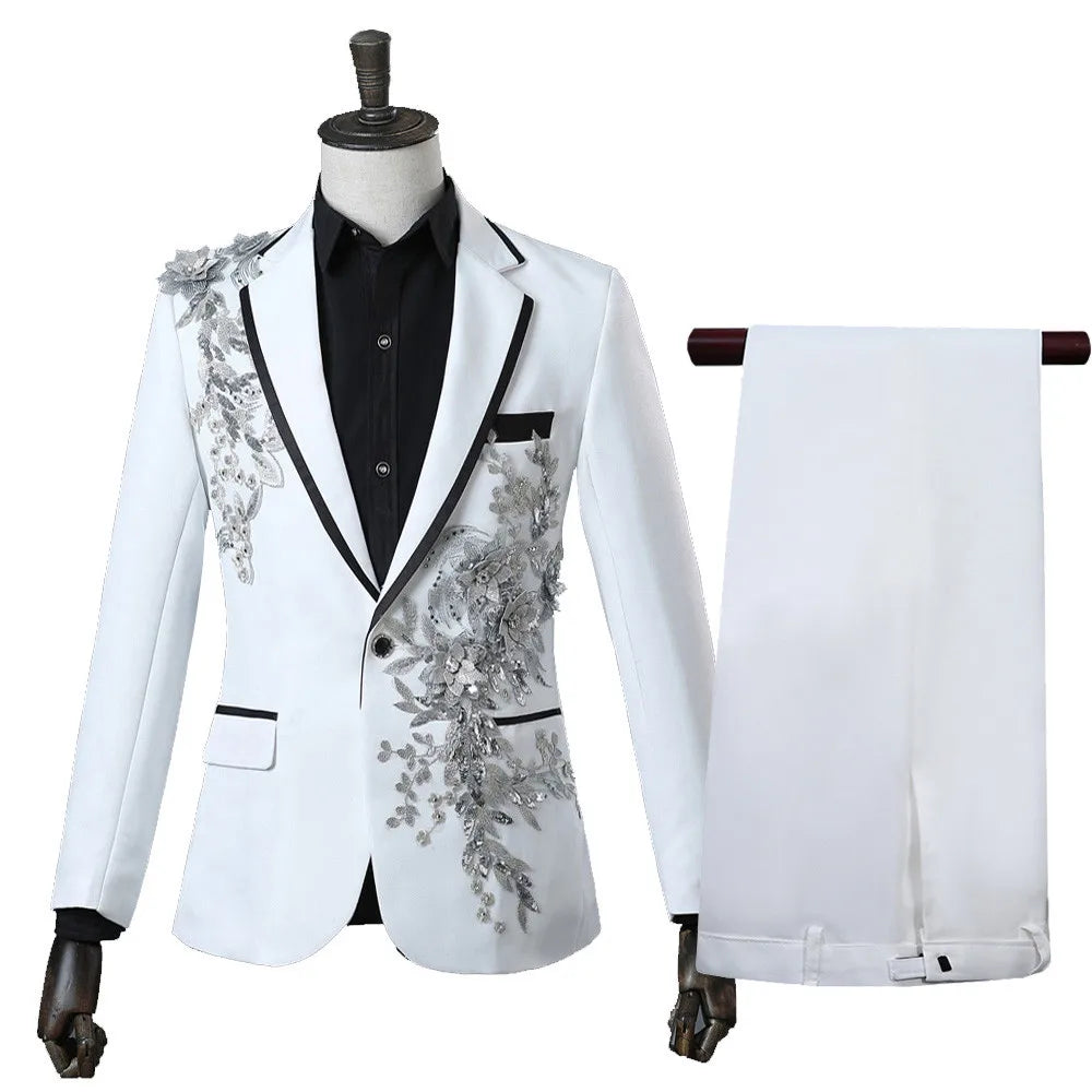 Voguable Elegant Appliqued Two-piece Men's Suit for Wedding Banquet Host Dance Prom Christmas Costume Men Blazer Chinese Style voguable