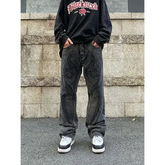 Vintage Flame Embroidered High Rise Jeans Women's Washed Old Loose Fit Jeans Women's Y2K Jeans Casual Pants Loose Fit Jean voguable