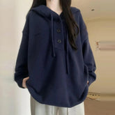 Voguable Korean Hooded Knit Sweater Women Loose Casual Lazy Wind Button Lace Up Pullovers Solid Fall Winter Baggy Long Sleeve Jumpers New voguable