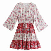 Voguable Floral Vintage Mini Dress Pink Holiday Boho Women Dress Flare Sleeve Summer Holiday Ladies Female Sexy Dresses voguable