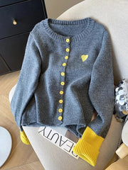 Vintage Love Print Cardigan Women Lazy Wind Patchwork Long Sleeve Knitted Sweaters Casual O Neck Fall Retro Korean Female Tops voguable