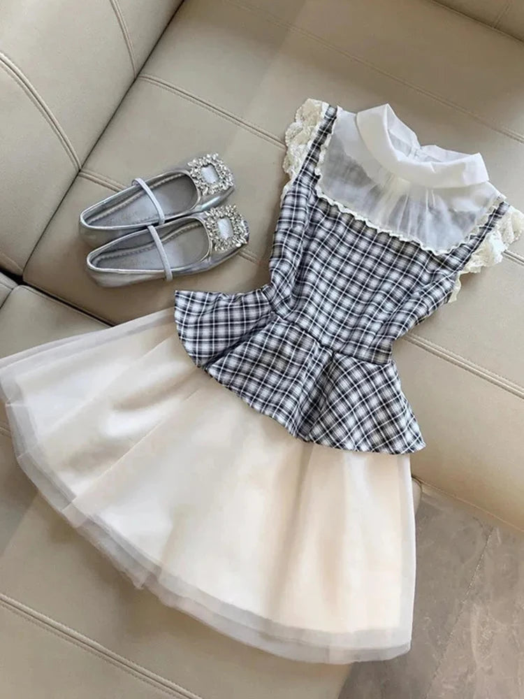 Mesh Patchwork Plaid Dress Women Slim Sweet Fashion Flying Sleeve Mini Dress Chic Lace Ruffles Elegant Korean Lady Vestidos voguable