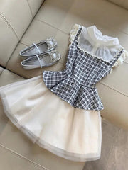 Mesh Patchwork Plaid Dress Women Slim Sweet Fashion Flying Sleeve Mini Dress Chic Lace Ruffles Elegant Korean Lady Vestidos voguable