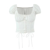 Women Vintage Puff Sleeve Square Collar White Shirt Drawstring Tie Bow Center Buttons Ladies Sexy Corset Crop Top