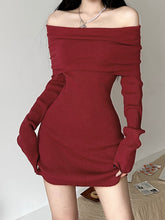 Red Slash Neck Slim Sweater Dress mysite