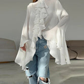 Voguable Fashion Design Ruffle Single Breasted Shirt Casual Women O-neck Butterfly Sleeve Blouses Lady Temperament Cardigan Tops Spring voguable