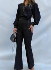 Voguable Women's Satin Shirt V-neck Lace up Detail Waistband Casual Texture Top for Autumn Winter Overlapping Design New Clothing voguable