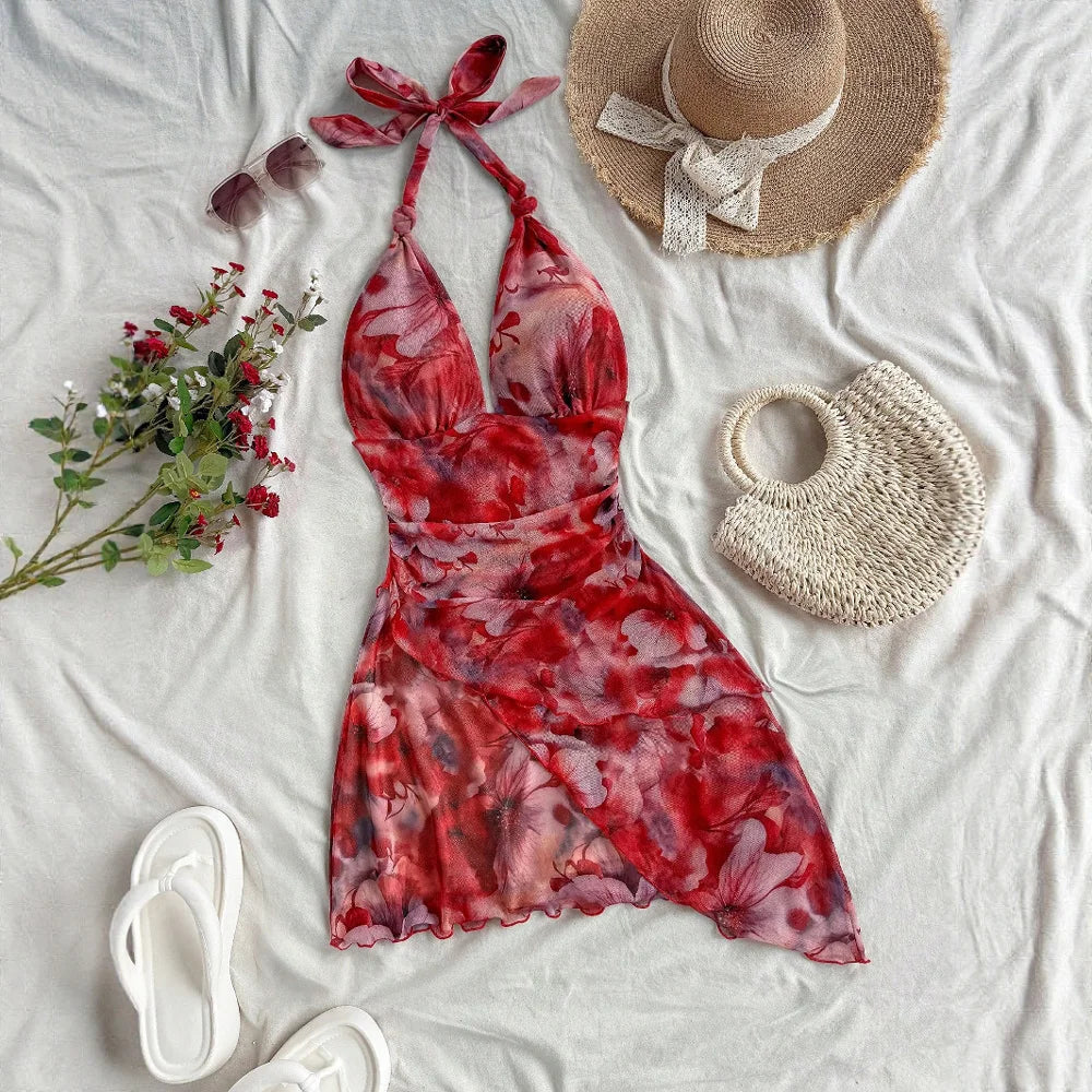 Dresses Summer Fitting Slim Vacation Floral Asymmetrical Plunge Neck Halter Neck Mini Beach Style Dresses For Women voguable