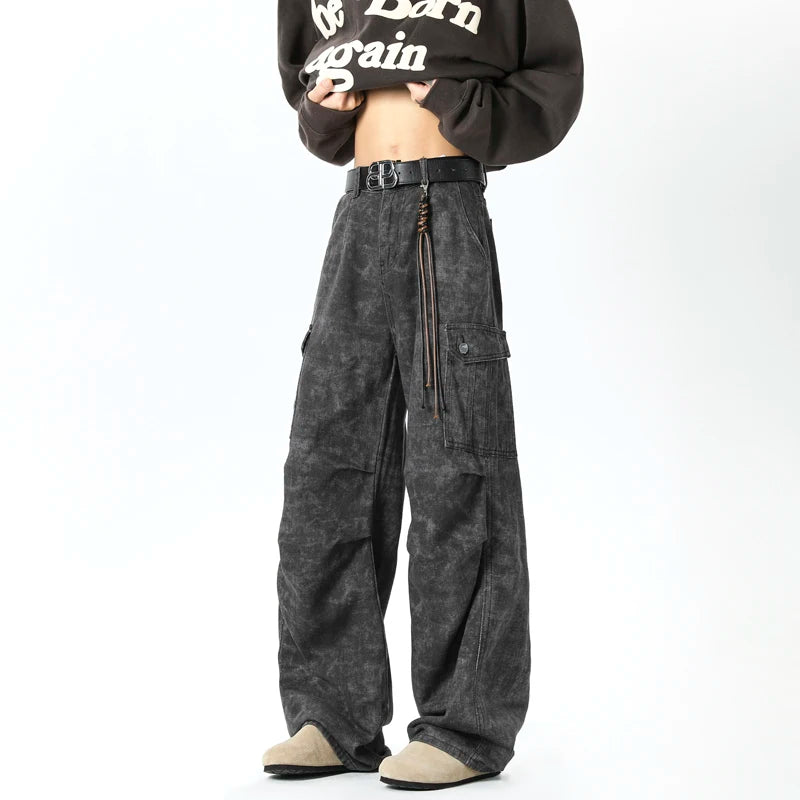 Marbling Cargo Jeans Pants New American Mainstream Hip Hop Skateboard Men Women Streetwear Gothic High Street Super Loose Jeans