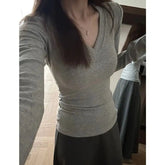 Voguable Women's V-Neck Warm Long Sleeve Top Slim Fit Autumn Winter Solid Bottoming Shirt Korean Style Women's Clothing Basic Tops Ladies voguable