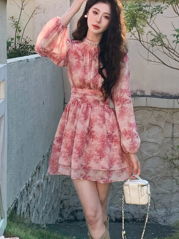 Women's New Elegan Print t Dresse Fashion A-Line O-Neck Lantern Sleeve Slim Waist Short Vestidos FrenchCasual Holiday Summer voguable