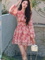 French Print Elegant Dresses For Women Fashion A-Line O-Neck Lantern Sleeve Slim Waist Short Vestidos Casual Holiday Summer New voguable