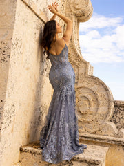 Voguable Grey Sequins Mermaid Prom Dress Luxury Lace Embroid Trumpet voguable