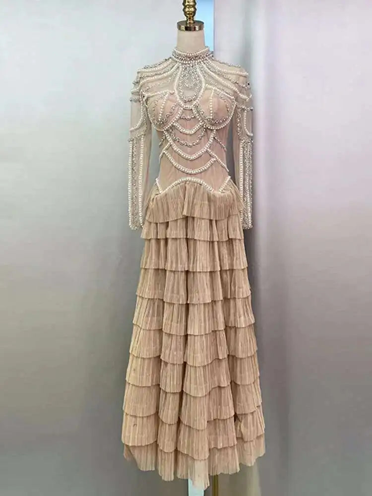 Solid Beaded Design Dresses For Women Round Neck High Waist Long Sleeve Elegant Dress Female Spring 2025 New voguable