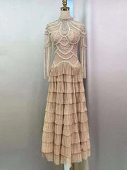 Solid Beaded Design Dresses For Women Round Neck High Waist Long Sleeve Elegant Dress Female Spring 2025 New voguable