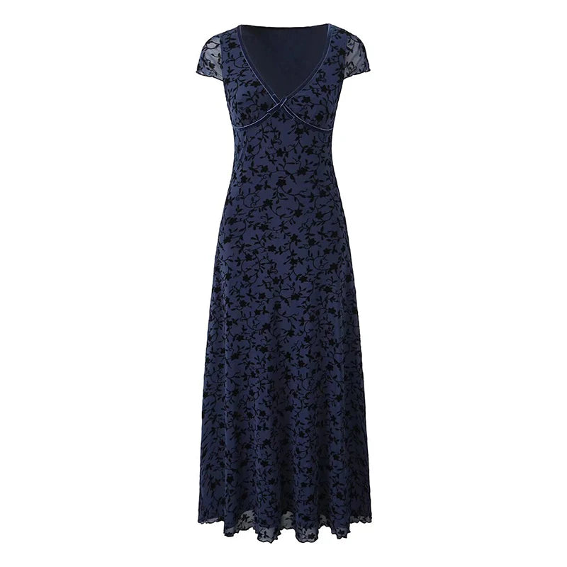 New Women Navy Blue Floral Print Mesh A-line Midi Dress High Waist V Neck Short Sleeve Summer Dresses Vintage Robe voguable