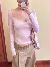 Voguable American Style Fashion Pink Deep V-neck T-shirt Women Korea Elegant Long Sleeve Slim Fit Outfits Flattering Base Top INS voguable