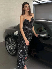 Fashion Polka Dot Print Maxi Dress Women Bandage Backless v-Neck Mesh Elegant Simple Temperament Casual Street Vestidos voguable