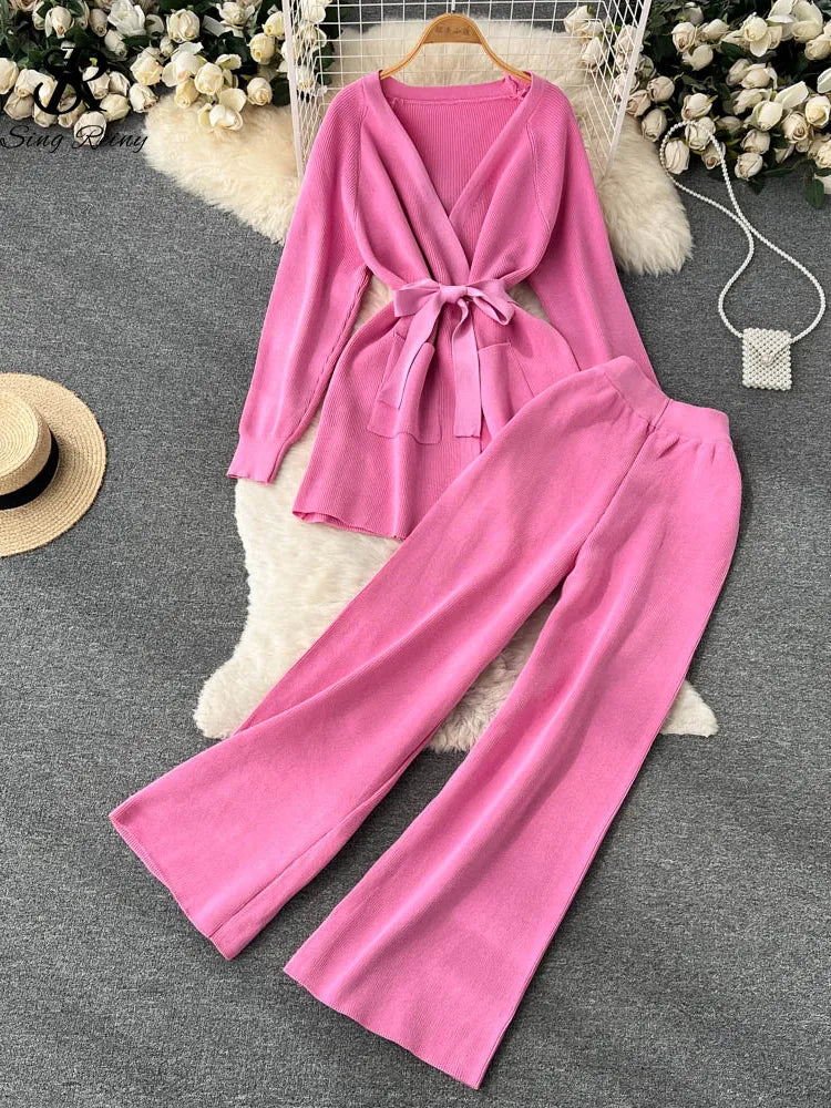 Winter Casual Two Pieces Suits Long Sleeve Knitted Cardigan Coat+Elastic Waist Wide Leg Pant Female Loose Sweater Sets voguable