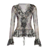 Vintage Transparent Crop Top with Slit 90s Mesh Print Ruffles Patchwork Full Sleeve Bandage Women T-shirt Grunge y2k Tees voguable