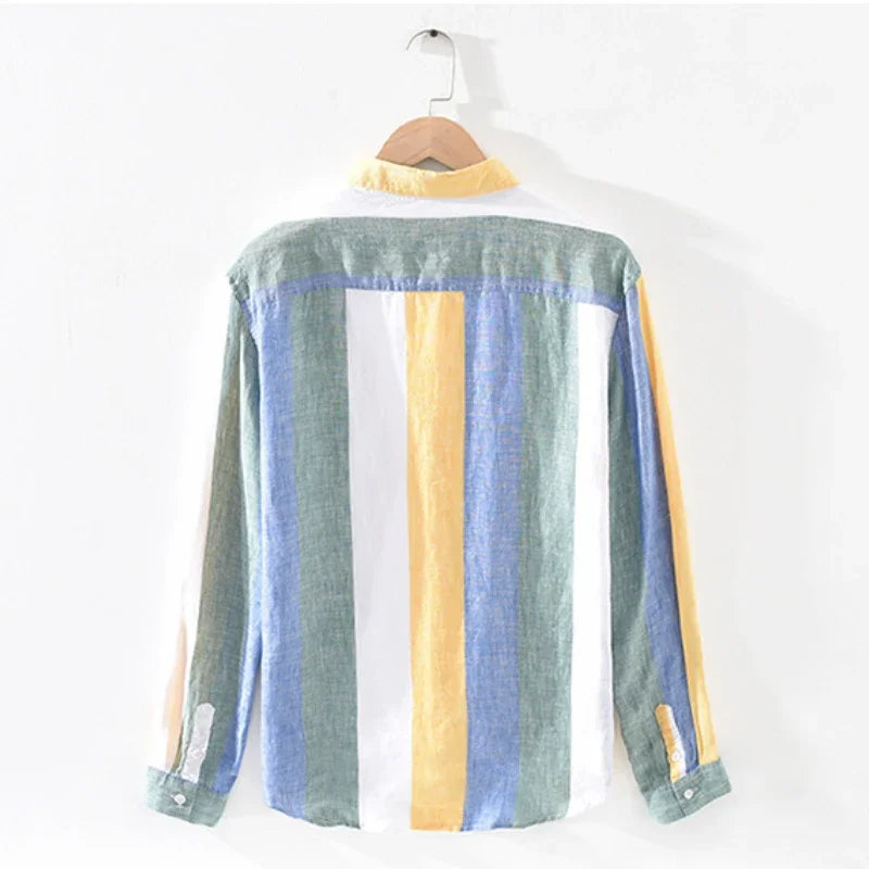 Voguable Spring and Autumn Striped Linen Shirts for Men Pure Linen Made Breathable Comfortable Long Sleeve Loose Men Clothing voguable
