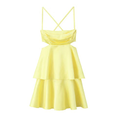 Summer Women Sexy Backless Thin Straps Yellow Satin Mini Dresses Party Vestidos voguable