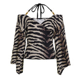 Voguable Fashion Leopard Printing T-shirts Bead Halter Off Shouler V Neck Flare Sleeve Loose Fit Female Tie Up Sexy Ladies Tops Clothes voguable