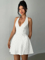 Polka Dot Sexy Mini Dress Women Fashion Halter Deep V Neck Sleeveless Backless High Waist A-line Club Party Dresses voguable