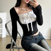 Voguable Sweet Contrast Pleated Satin Patchwork Cropped Top Women Coquette Slim-fit Knitted T-shirts Fall Spring Y2K Tops Kawaii voguable