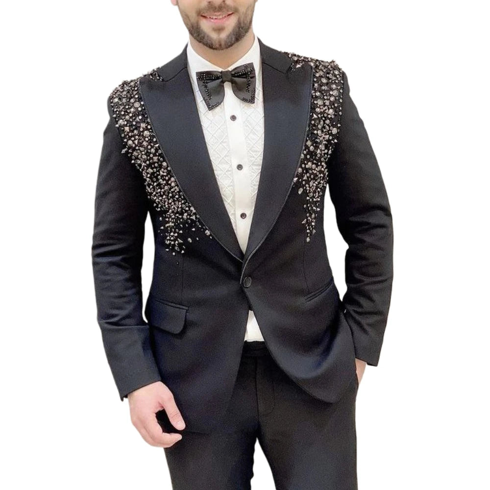 Voguable Beaded Men Suits for Wedding Prom Party 2 Pieces Slim Fit Groom Tuxedo Male Peak Lapel Fashion Suit Jacket with Pants voguable