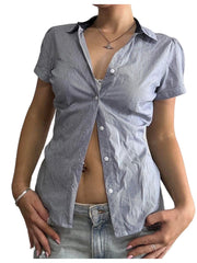 Women s Striped Short Sleeve Shirt with Turn Down Collar and Button Down Detail - Stylish Summer Blouse for Casual Streetwear voguable