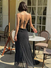 Fashion Polka Dot Print Maxi Dress Women Bandage Backless v-Neck Mesh Elegant Simple Temperament Casual Street Vestidos voguable