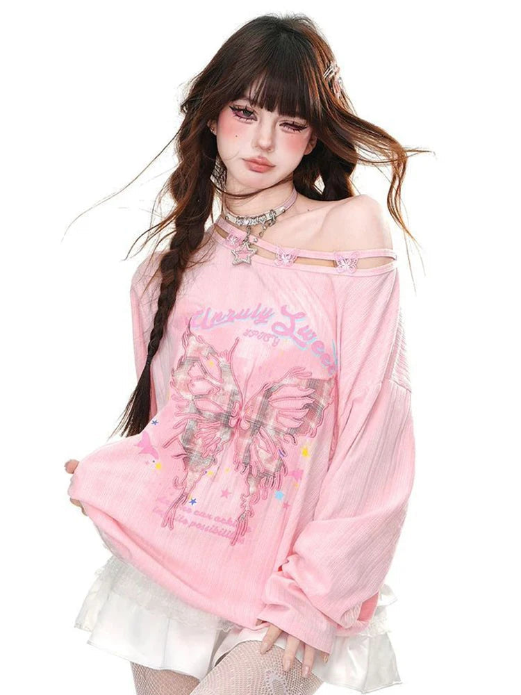 Streetwear Bufferfly T Shirt Women Loose Hollow Out Long Sleeve Vintage Tees American Sweet Casual Oversize Letter New Tops voguable