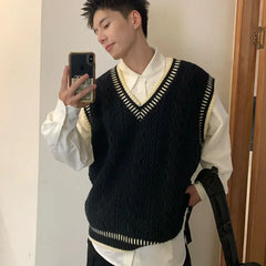 American Fashion Retro V-neck College Style Sweater Vest for Men Autumn and Winter Loose Casual Patchwork Couple Sweater Vest voguable